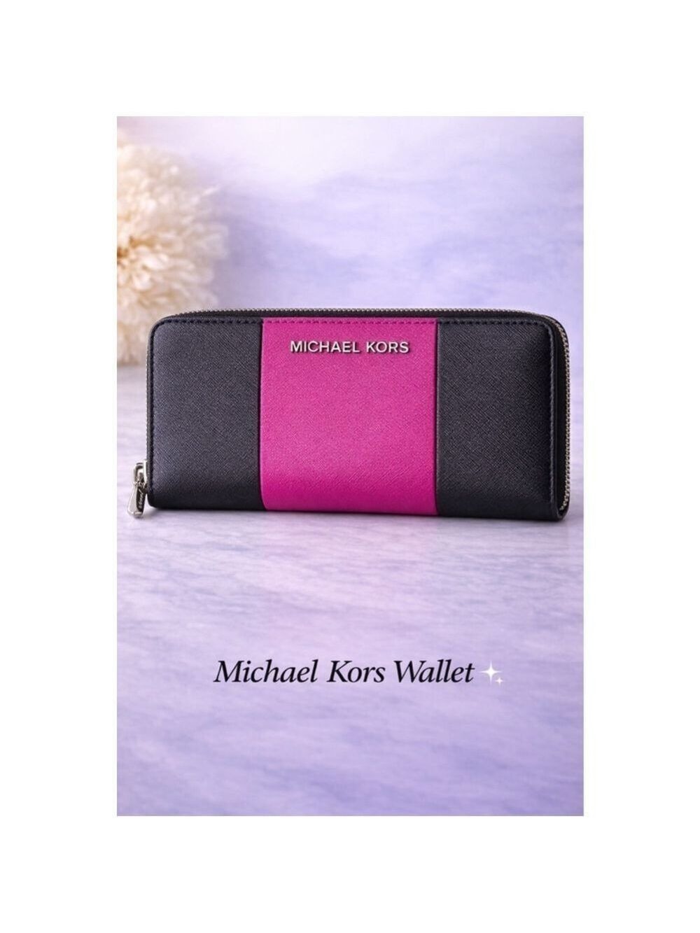 Michael Kors Jet Set Travel Zip Around Wristlet Wallet Black Pink Saffiano Leath